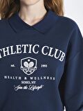 Polo Yaka Baskılı Uzun Kollu Oversize Kadın Sweatshirt