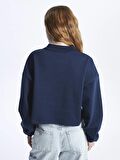 Polo Yaka Baskılı Uzun Kollu Oversize Kadın Sweatshirt