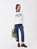 Bisiklet Yaka Baskılı Uzun Kollu Oversize Kadın Sweatshirt