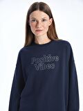 Bisiklet Yaka Taş Baskılı Uzun Kollu Oversize Kadın Sweatshirt Tunik