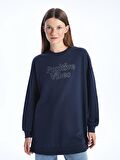 Bisiklet Yaka Taş Baskılı Uzun Kollu Oversize Kadın Sweatshirt Tunik