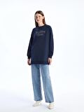 Bisiklet Yaka Taş Baskılı Uzun Kollu Oversize Kadın Sweatshirt Tunik