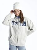 Kapüşonlu Baskılı Uzun Kollu Oversize Kadın Fermuarlı Sweatshirt