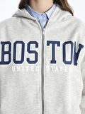 Kapüşonlu Baskılı Uzun Kollu Oversize Kadın Fermuarlı Sweatshirt