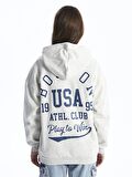 Kapüşonlu Baskılı Uzun Kollu Oversize Kadın Fermuarlı Sweatshirt