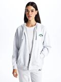 Kapüşonlu Baskılı Uzun Kollu Kadın Fermuarlı Sweatshirt