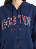 Kapüşonlu Baskılı Uzun Kollu Oversize Kadın Fermuarlı Sweatshirt