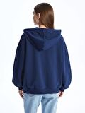 Kapüşonlu Baskılı Uzun Kollu Oversize Kadın Fermuarlı Sweatshirt