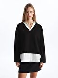 Gömlek Yaka Düz Uzun Kollu Oversize Kadın Sweatshirt