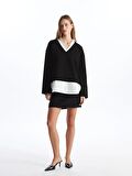 Gömlek Yaka Düz Uzun Kollu Oversize Kadın Sweatshirt