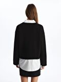 Gömlek Yaka Düz Uzun Kollu Oversize Kadın Sweatshirt