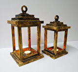 Rustik Ahşap Fener Dekoratif Mumluk 2 Li