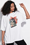 Oversize Panda Baskılı Beyaz Tshirt