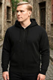 Siyah Kapşonlu Fermuarlı Sweatshirt