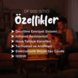 Wodimark Minisan DP1200 1200W Infrared Quartz Isıtıcı – 3 Kademeli Güç, Devrilme Emniyetli, Hafif & Taşınabilir, İç ve Dış Mekan Kullanımı