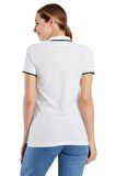 Polo Yaka Çizgili Pamuklu  Kadın  T-shirt Beyaz-XXL