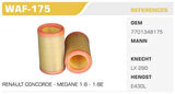 Winkel WAF-175 Hava Filtresi Renault 19 1.4L Renault 21 Concorde 2.0 Megane I 1.6L Scenic Kolı: 18 Ad FN3003