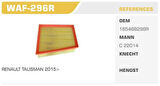Winkel WAF-296R Hava Filtresi Megane IV 15-Talisman 1.5 DCI 1.6 DCI Kolı: 36 Ad FN3018