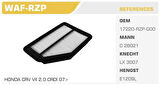 Winkel WAF-RZP Hava Filtresi CRV 07-12 2.0 16V VTEC Kolı: 20 Ad FN3515
