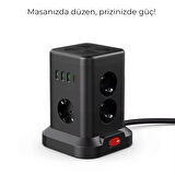 3 USB-A + 1 Type-C Çıkışlı Kule Tipi Akım Korumalı Çoklu Priz – Tek Tuş Kontrollü Masaüstü Tasarım