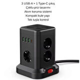 3 USB-A + 1 Type-C Çıkışlı Kule Tipi Akım Korumalı Çoklu Priz – Tek Tuş Kontrollü Masaüstü Tasarım