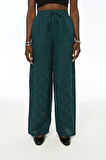 KADIN %100 KETEN NAKIŞ İŞLEMELİ RAHAT KALIP BOL PAÇA PETROL RENK PANTOLON