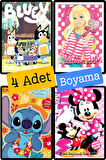 4'lü Bluey Karakterleri Mickey Mouse Barbie Min boyama kitabı seti(boyama, sticker, arka kapak maske)