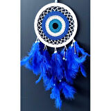 Saks Mavisi Kuş Tüylü Dream Catcher Nazar Boncuğu Motifli Düş Kapanı Duvar Süsü