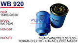 Wunder WB920 Mazot Filtresi Almera X-Trail 2.2 DI DCI 01-Pick-Up 2.5D 96-Wk940 6 MRMOEM-1081892