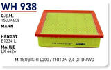 Wunder WH938 Hava Filtresi Mitsubishi L200 Triton 2.4 Dı-D 4WD C22039 MRMOEM-1084204