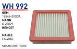 Wunder WH992 Hava Filtresi Note 13-1.5 DCI MRMOEM-1084268
