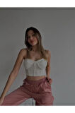 Kadın Beyaz Gloplu Straplez Korse Detaylı Büstiyer Crop Bluz