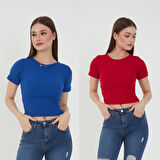 Wearflawless Kadın 2'li Kısa Kollu Fitilli Bisiklet Yaka Pamuklu Örme Kaşkorse Crop T-Shirt Bluz