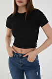 Wearflawless Kadın 2'li Kısa Kollu Fitilli Bisiklet Yaka Pamuklu Örme Kaşkorse Crop T-Shirt Bluz