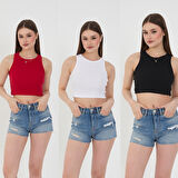 Wearflawless Kadın 3 lü Adet Fitilli PAMUKLU Örme Kaşkorse Crop Bluz ATlet