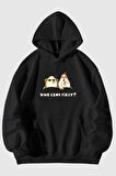 Who Came First Baskılı Unisex Siyah Kanguru Cepli Kapüşonlu Sweatshirt Hoodie | S