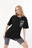 Kadın Bisiklet Yaka Dijital Baskılı Siyah Renk T-shirt