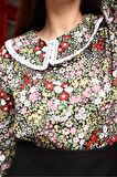 Vintage Siyah-Pembe Çiçekli Bebe Yaka Dantelli Poplin Bluz