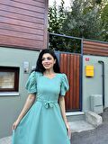 Karpuz Kollu Çağla Yeşili Krep Midi Boy Kloş Elbise