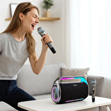 RGB Işıklı Kablosuz Bluetooth Hoparlör – 18.000 mAh Batarya, Çift Mikrofonlu Karaoke Speaker, Güçlü Bass, Taşınabilir Party Speaker