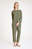 Keten Günlük Rahat Beli Kemerli Kadın İkili Takım Haki Alt Üst