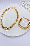 Altın Renk Kombin  Cd Harfli Christian Dior Model Kalın Zincir Kolye Bileklik Set  - 3008