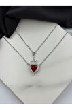 Gümüş Renk Kırmızı Taş Kalp Kılıç Çift Kolyesi Çelik Kolye - 3410