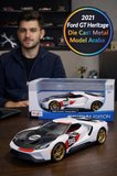 Maisto 1:18 2021 Ford GT Heritage Edition #98 Diecast Model Araba Metal Gövde Açılır Kapılı Beyaz 3+