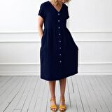 Barbora Keten Günlük Yazlık V yaka Kısa Kol Düğme Detaylı Kadın Elbise LN278haki