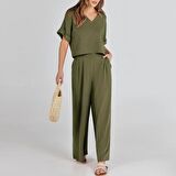 Barbora Zarif Kadin T-shirt ve Uzun Pantolon Alt Üst İkili Takım V Yaka Kısa Kollu Salaş Rahat Elbise  ln27haki