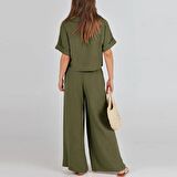 Barbora Zarif Kadin T-shirt ve Uzun Pantolon Alt Üst İkili Takım V Yaka Kısa Kollu Salaş Rahat Elbise  ln27haki