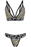 Kadın Leopar Desenli Yazı Detaylı Ipli Sütyen Takımı