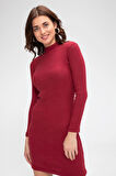 Kadın Bordo Kaşkorse Balıkçı Yaka Uzun Kollu Bodycon Mini Elbise