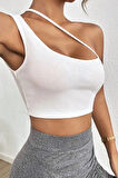 Kadın Beyaz Tek Omuzlu Çapraz Askılı Crop Top Büstiyer